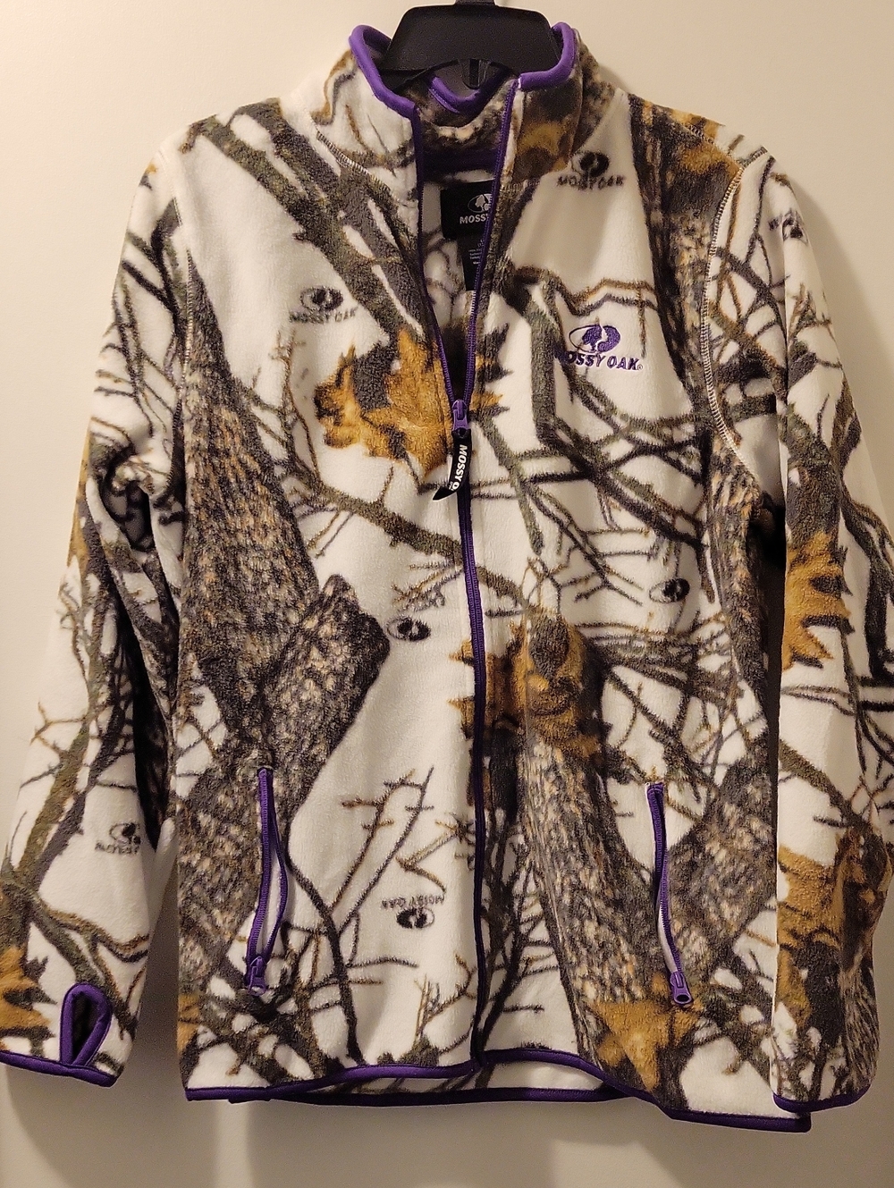 Mossy Oak White, Brown & Gold Camouflage Fleece Zip Jacket with Purple Trim